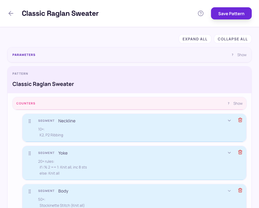 The Pattern Builder editing a sock pattern